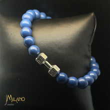 Lade das Bild in den Galerie-Viewer, Elastischer Fitness Kugelarmband mit hantelförmigen Legierungsanhänger (Edelstahl) / blau (schwarze /silberne/goldene Hantel)