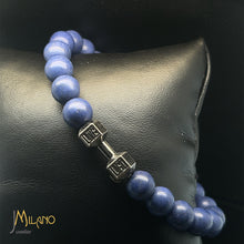 Lade das Bild in den Galerie-Viewer, Elastischer Fitness Kugelarmband mit hantelförmigen Legierungsanhänger (Edelstahl) / blau (schwarze /silberne/goldene Hantel)