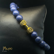 Lade das Bild in den Galerie-Viewer, Elastischer Fitness Kugelarmband mit hantelförmigen Legierungsanhänger (Edelstahl) / blau (schwarze /silberne/goldene Hantel)