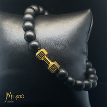 Lade das Bild in den Galerie-Viewer, Elastischer Fitness Kugelarmband mit hantelförmigen Legierungsanhänger (Edelstahl) / Schwarzmatt Gold