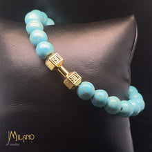 Lade das Bild in den Galerie-Viewer, Elastischer Fitness Kugelarmband mit hantelförmigen Legierungsanhänger (Edelstahl) / türkis-blau silber/gold/schwarz