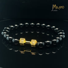 Lade das Bild in den Galerie-Viewer, Elastischer Fitness Kugelarmband mit hantelförmigen Legierungsanhänger (Edelstahl) / schwarz gold