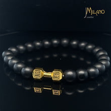 Lade das Bild in den Galerie-Viewer, Elastischer Fitness Kugelarmband mit hantelförmigen Legierungsanhänger (Edelstahl) / Schwarzmatt Gold