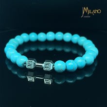 Lade das Bild in den Galerie-Viewer, Elastischer Fitness Kugelarmband mit hantelförmigen Legierungsanhänger (Edelstahl) / türkis-blau silber/gold/schwarz