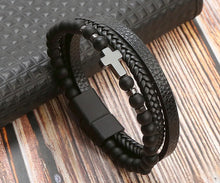 Lade das Bild in den Galerie-Viewer, Kugel-Lederband in schwarz mit silbernem Kreuz (Edelstahl) inkl. Gratis Gravur