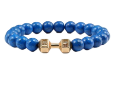 Lade das Bild in den Galerie-Viewer, Elastischer Fitness Kugelarmband mit hantelförmigen Legierungsanhänger (Edelstahl) / blau (schwarze /silberne/goldene Hantel)