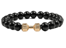 Lade das Bild in den Galerie-Viewer, Elastischer Fitness Kugelarmband mit hantelförmigen Legierungsanhänger (Edelstahl) / schwarz gold