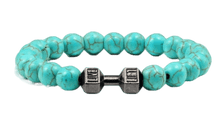 Lade das Bild in den Galerie-Viewer, Elastischer Fitness Kugelarmband mit hantelförmigen Legierungsanhänger (Edelstahl) / türkis-blau silber/gold/schwarz