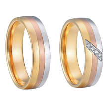 Lade das Bild in den Galerie-Viewer, Tricolor vergoldete Edelstahl Partnerringe mit Zirkonia Steinen - 1505/PV-13
