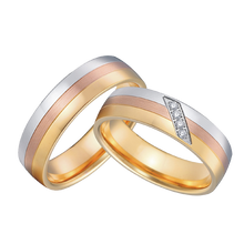Lade das Bild in den Galerie-Viewer, Tricolor vergoldete Edelstahl Partnerringe mit Zirkonia Steinen - 1505/PV-13