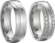 Lade das Bild in den Galerie-Viewer, Edelstahl Partnerringe (glänzend/mattiert) mit Zirkonia Steinen - P1402/S-29