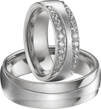 Lade das Bild in den Galerie-Viewer, Edelstahl Partnerringe (glänzend/mattiert) mit Zirkonia Steinen - P1402/S-29