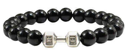 Elastischer Fitness Kugelarmband mit hantelförmigen Legierungsanhänger (Edelstahl) / schwarz glänzend silber