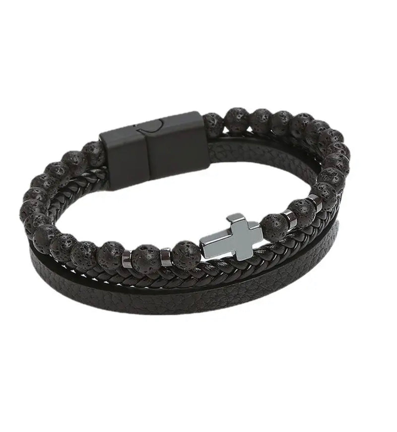 Kugel-Lederband in schwarz mit silbernem Kreuz (Edelstahl) inkl. Gratis Gravur