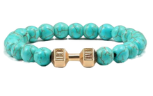 Lade das Bild in den Galerie-Viewer, Elastischer Fitness Kugelarmband mit hantelförmigen Legierungsanhänger (Edelstahl) / türkis-blau silber/gold/schwarz
